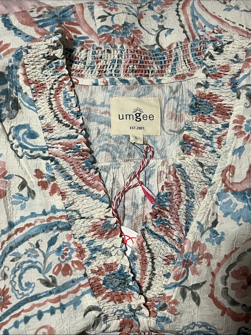 Umgee Blue & Dusty Rose Floral Smocked Ruffle Top Large New with Tags! - Picture 4 of 15